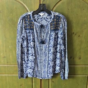 Lucky Brand Blue and White XS Blouse with beaded accents and tie at top